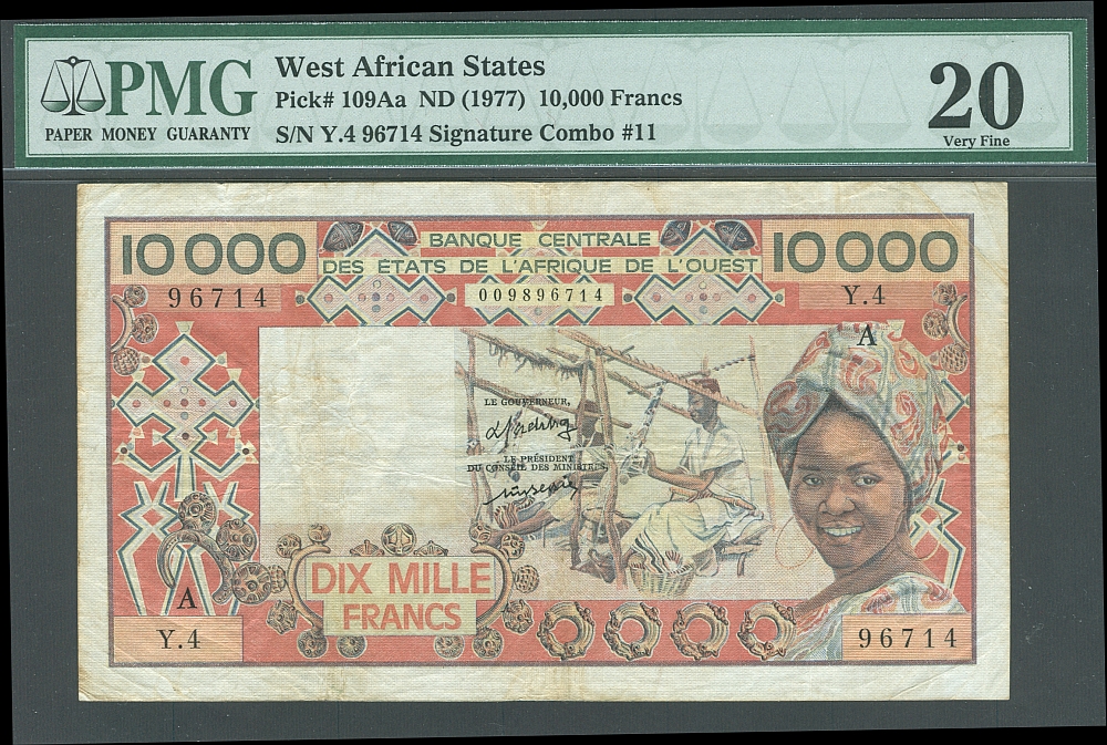 West African States, Pick #109Aa ND (1977), 10,000 Francs, Very Fine, PMG-20, Y.4/96714